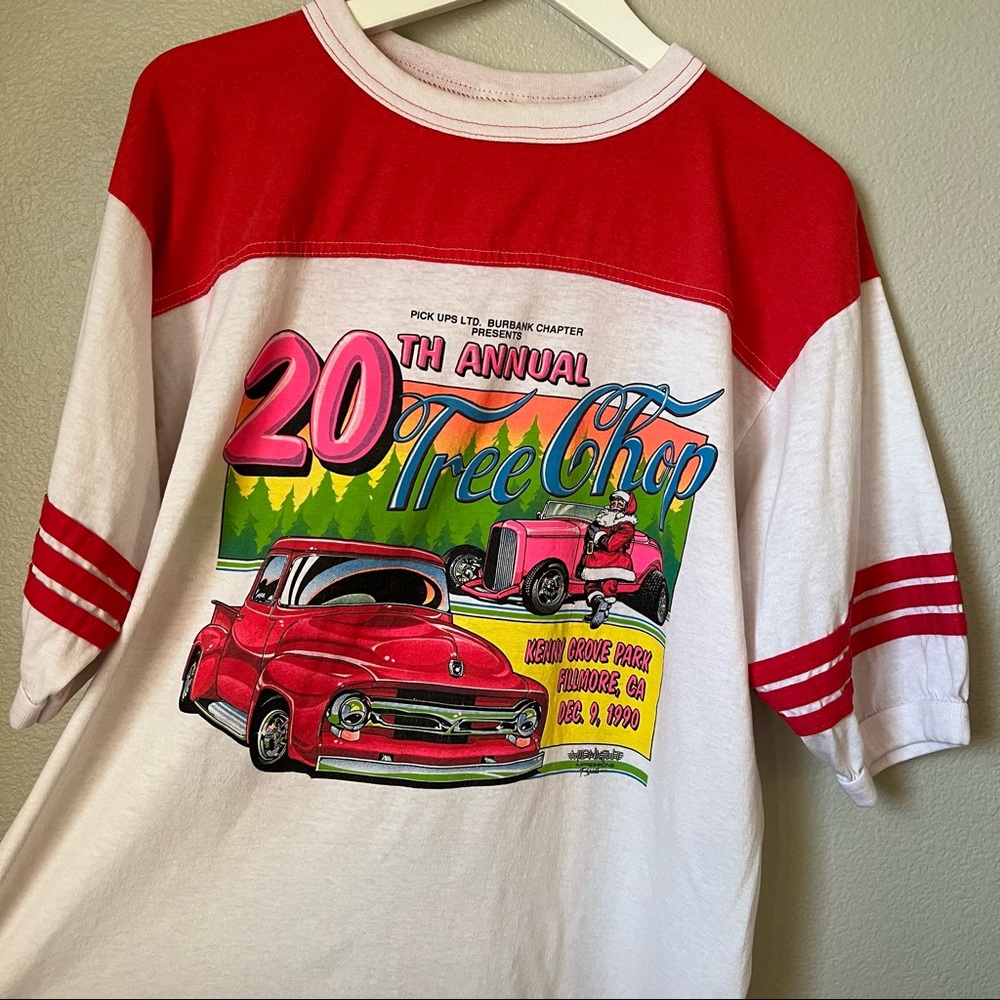 Vintage 90s Christmas tree chop Santa tee shirt